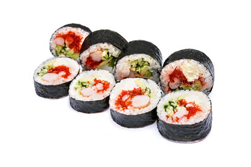 Sushi set with shrimp, red caviar and avocado in nori sheets on a white background