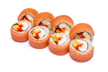 Sushi set with red caviar, red fish and mango on a white background