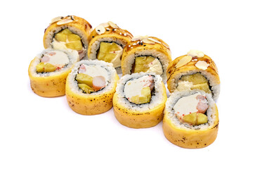 Hot cheese sushi set with shrimps. Sushi neatly wrapped in melted cheese