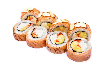 Sushi set with mango, red fish, red caviar and philadelphia cheese on a white background