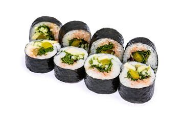 Sushi set with avocado and seaweed wrapped in nori. Diet healthy lunch
