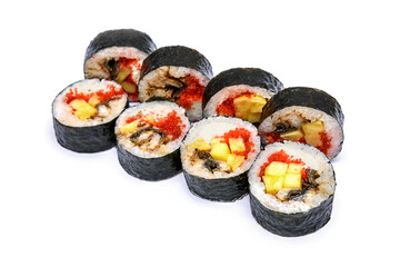 Sushi set with eel, red caviar and mango in nori leaves on a white background
