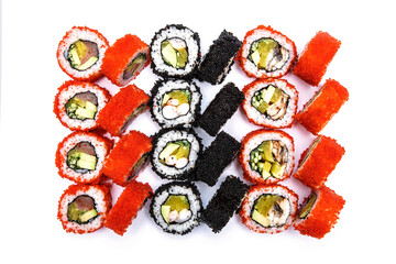 Elegant sushi set with red and black caviar on a white background