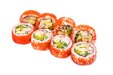 Gourmet sushi set with red caviar, cucumber, mango and shrimps on a white background