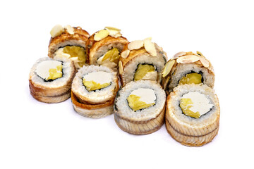 Sushi set with eel, mango and Philadelphia cheese. Sushi wrapped in thin slices of eel