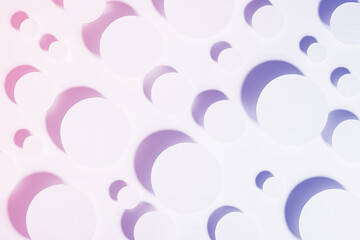 Tender geometric pattern of circles in trendy gradient very peri and pink color in shining light with strict bright shadows in random, top view. Romantic elegant futuristic abstract background.