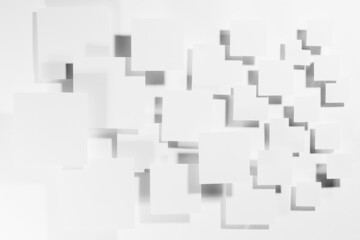 White abstract geometric background with flying paper squares in bright light with dark gradient pockmarked shadows, top view. Simple mosaic pattern in minimalist style.