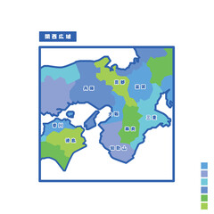 日本の地域図 関西広域 雨の日カラーで色分けマップ