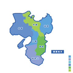 日本の地域図 関西地方 雨の日カラーで色分けマップ