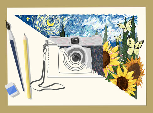 The role of the camera and photography in the art and design process. A retro camera half drawn and half painted with a rural landscape background in a colourful impressionistic style.