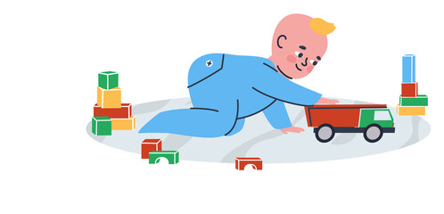 A small child plays with cars on the carpet. The baby is crawling on the floor. Toys cubes and cars. Flat vector illustration. Eps10