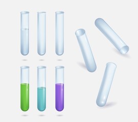 A set of realistic illustrations of isolated test tubes with empty, blue, purple, green liquid. Icons in different angles for research, vector illustration of vaccination against covid-19.