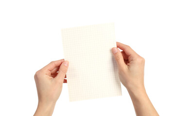 Female hands hold blank sheet, isolated on white background