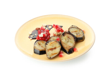 Plate with grilled banana isolated on white background