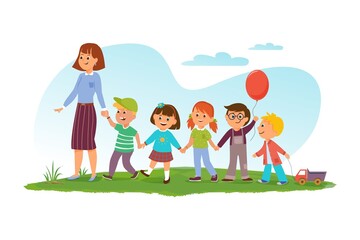 Obraz na płótnie Canvas Back to school. Small children follow the teacher and hold hands. Lang banner. Template for the design. Funny cartoon characters. Vector illustration. Isolated on a white background
