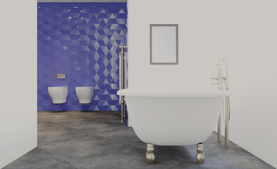 Clean and fresh bathroom with natural light. 3D rendering.. Mockup.   Empty paintings