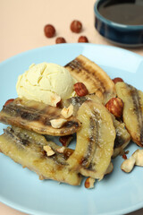 Concept of tasty food with grilled banana, close up