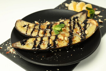 Concept of tasty food with grilled banana, close up