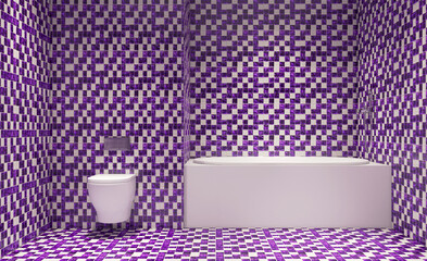 Spacious bathroom in gray tones with heated floors, freestanding tub. 3D rendering.