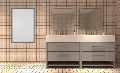 Spacious bathroom in gray tones with heated floors, freestanding tub. 3D rendering.. Mockup.   Empty paintings