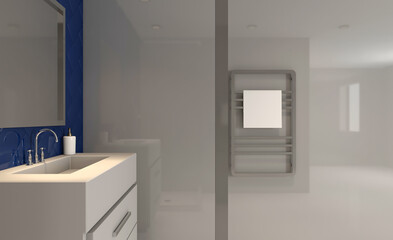 Modern bathroom including bath and sink. 3D rendering.. Mockup.   Empty paintings