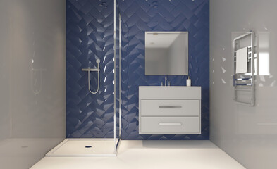 Spacious bathroom in gray tones with heated floors, freestanding tub. 3D rendering.