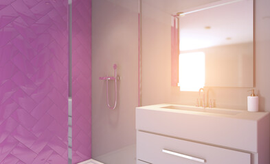Clean and fresh bathroom with natural light. 3D rendering.. Sunset.