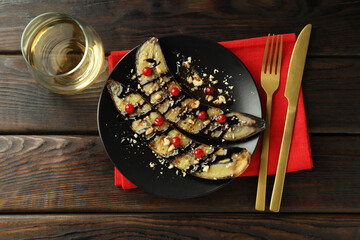 Concept of tasty food with grilled banana, top view