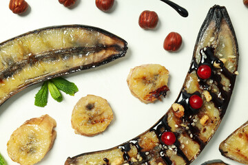 Concept of tasty food with grilled banana, close up