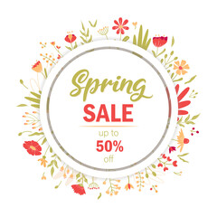 Spring sale, lettering. Banner, summer flowers and plants, leaves. Flower illustration. Red and green flowers, green leaves, red inscription. Up to 50 off.