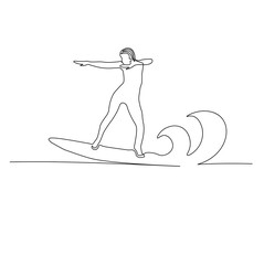 Surfing girl on the waves. Recreation, sports. Vector stock illustration. Isolated on a white background.