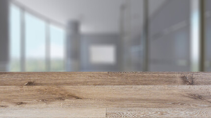 Background with empty wooden table. Flooring. Furniture set with table, chairs and devices. 3D rendering.. Moc