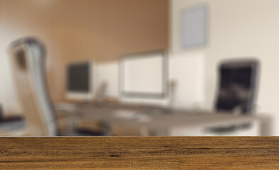 Background with empty table. Flooring. Furniture set with table, chairs and devices. 3D rendering.. Moc