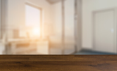 Modern office Cabinet.  3D rendering.   Meeting room. Sunset.. Background with empty table. Flooring.