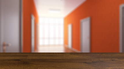 The Corridor in office building. 3D rendering. Background with empty table. Flooring.