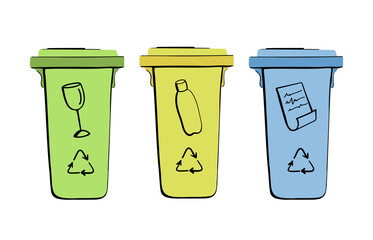 Trash cans with sorted garbage vector icons. Container trash can for paper, plastic, glass in doodle style. Separation of trash cans for recycling. Vector Colored trash cans. Waste management concept.