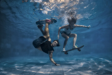Man and Woman skateboarding underwater in the swimming pool