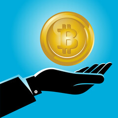 hand holding a gold coin BITCOIN