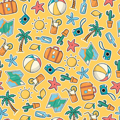 summer seamless pattern with hand drawn doodles on yellow background. Good for posters, wrapping paper, textile prints, kids apparel, scrapbooking, stationary, backgrounds, etc. EPS 10