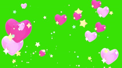 Looped bouncing cartoon hearts and stars on green screen background animation.
