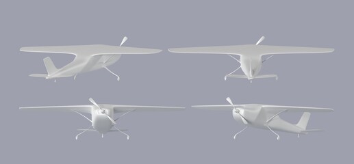 White small airplane front, back and angle view. Realistic mockup single engine propelled aircraft, private jet, civil aviation. Turboprop plane with vanes isolated on grey background, 3d render