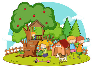 A simple tree house and doghouse with kids in nature background