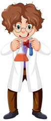A chemist holding beaker and test tube on white background