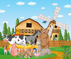 Farm scene with many animals by the barn