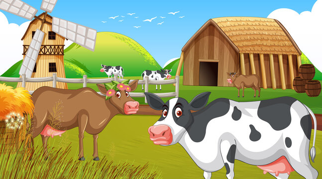 Outdoor cow farm scene with happy animals cartoon