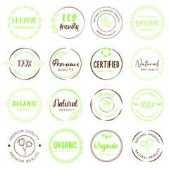 Organic food, natural product icons and elements collection for food market. Vector illustrations for graphic, packaging design, marketing material, restaurant business and premium quality products.