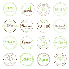 Organic food, natural product icons and elements collection for food market. Vector illustrations for graphic, packaging design, marketing material, restaurant business and premium quality products.