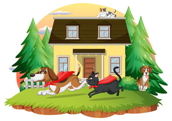 Obraz na płótnie Canvas Outdoor house scene with domestic animals cartoon