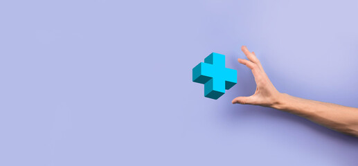 Naklejka premium Businessman hold 3D plus icon, man hold in hand offer positive thing such as profit, benefits, development, CSR represented by plus sign.The hand shows the plus sign