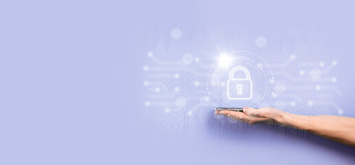 Cyber security network. Padlock icon and internet technology networking. Businessman protecting data personal information on tablet and virtual interface. Data protection privacy concept. GDPR. EU